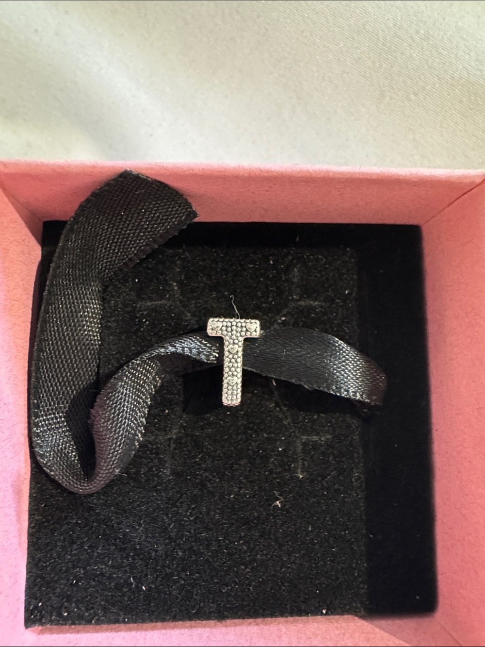 Pandora Silver T Initial Charm with Clear Stones on Black Ribbon